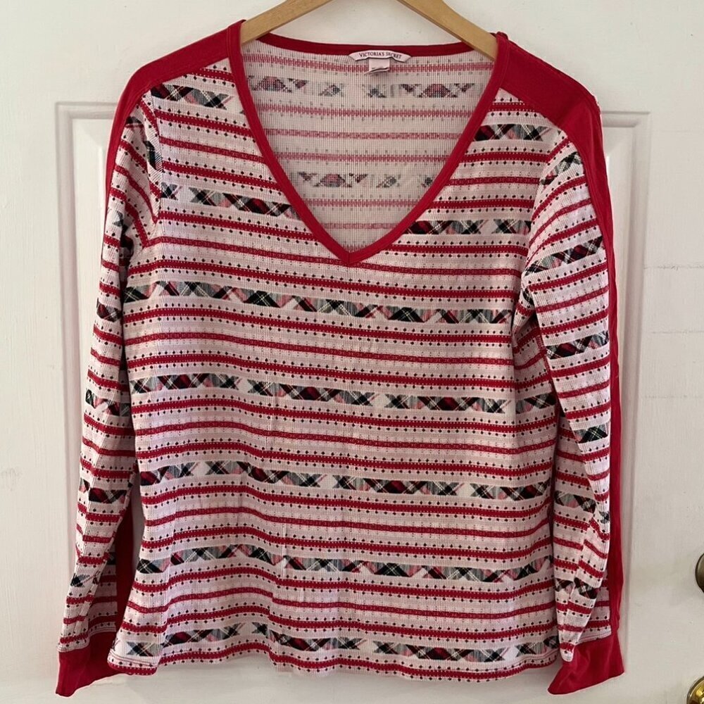 Victoria Secret Woman's Red/White Striped Plaid Thermal Pajama's Sz Lr